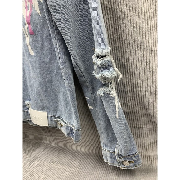 Boohoo MAN Official Denim Jacket Graphic Print Mens Large Blue Button Front - Picture 11 of 16
